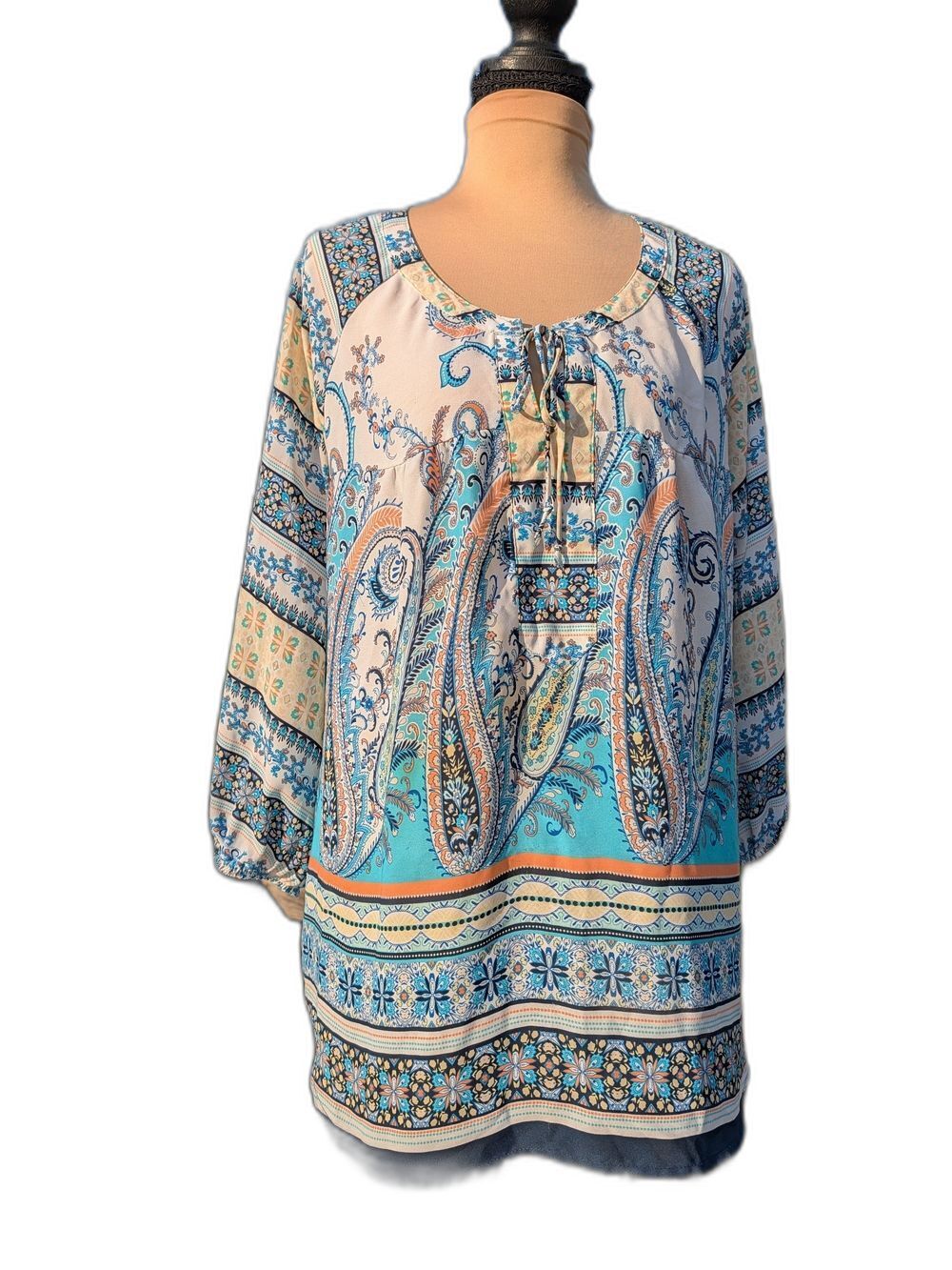 new directions Teal and Cream Paisley Tie-Neck Tunic